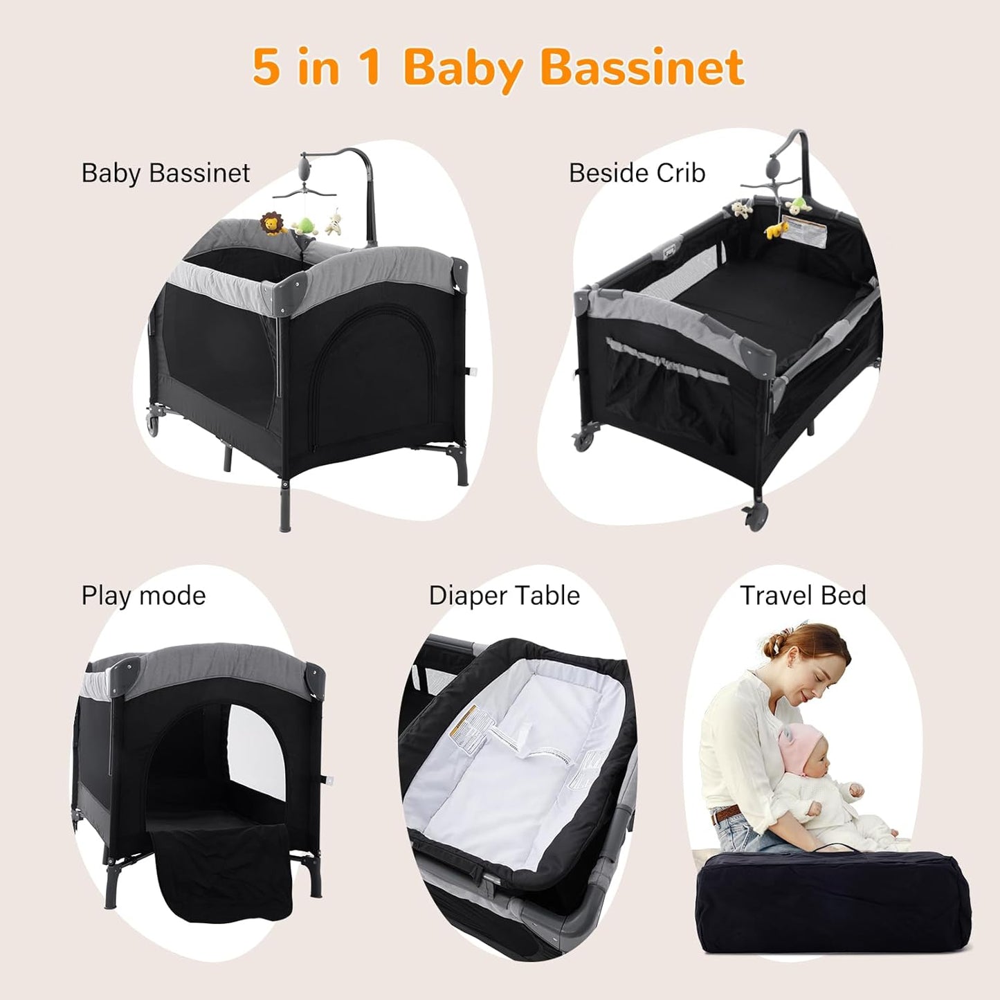 5 in 1 Baby Crib,Bedside Sleeper Bassinet,Pack and with Bassinet and Changing Table,Portable Travel Playpen Music Box