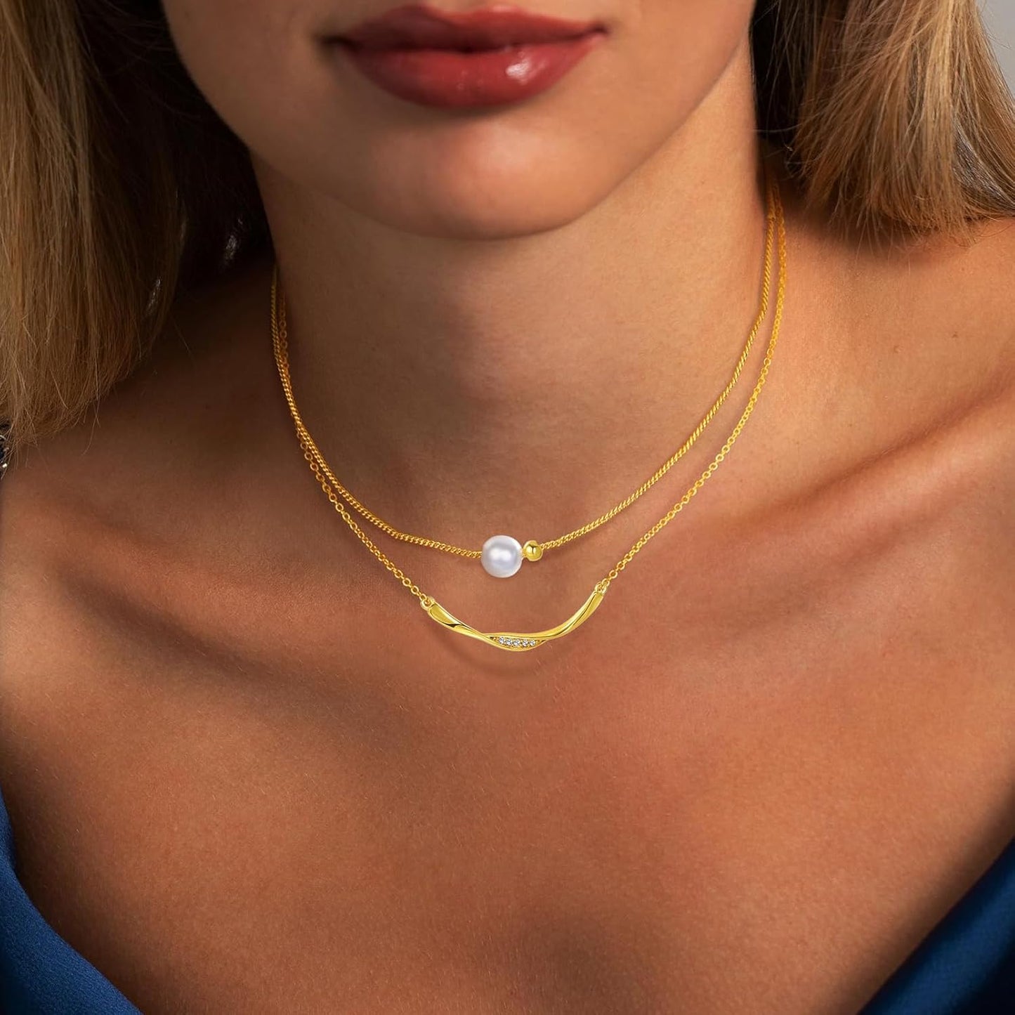 14K Gold & Platinum Plated Double Layer Pendant Necklace, Fashionable Layered Jewelry for Women