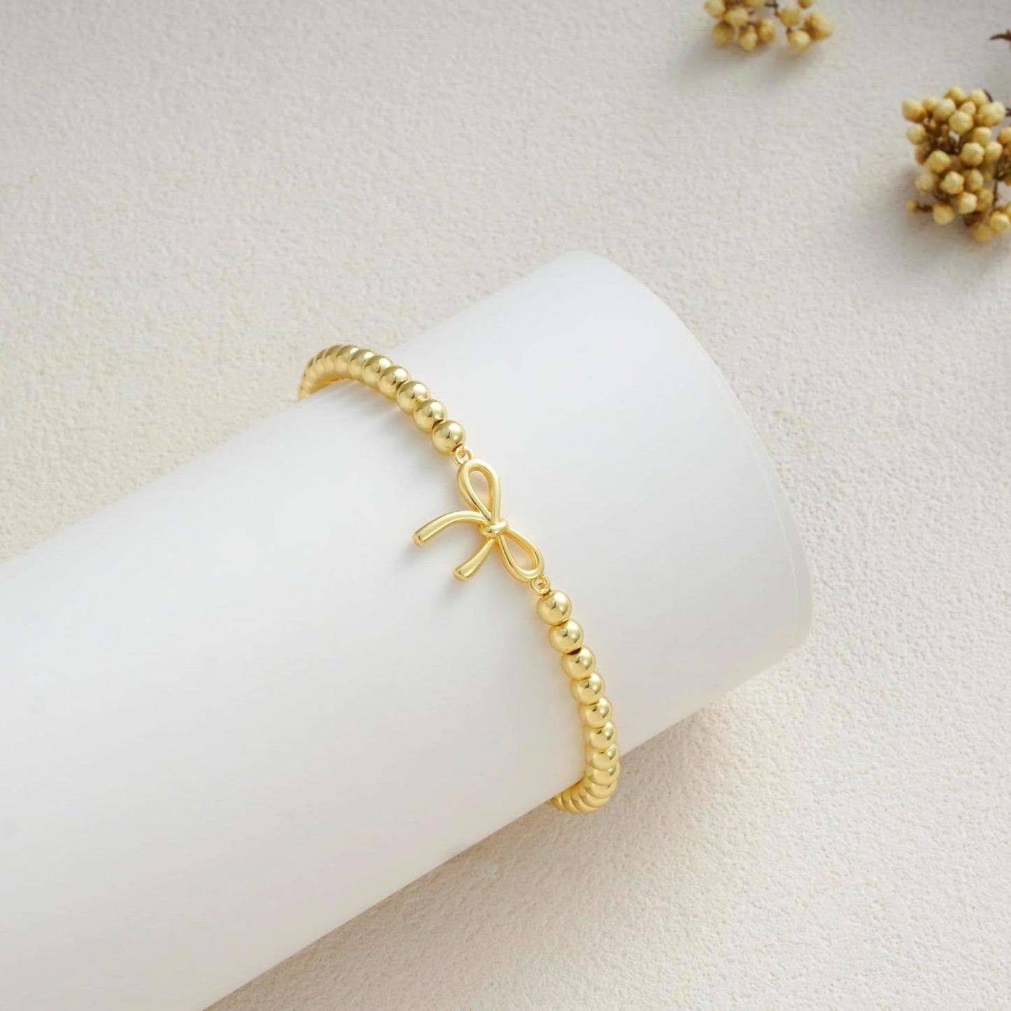 Gold Bracelets for Women 14K Gold Plated Beaded Bracelets Gold Stretch Bead Bracelet Handmade Ball Charm Bracelet