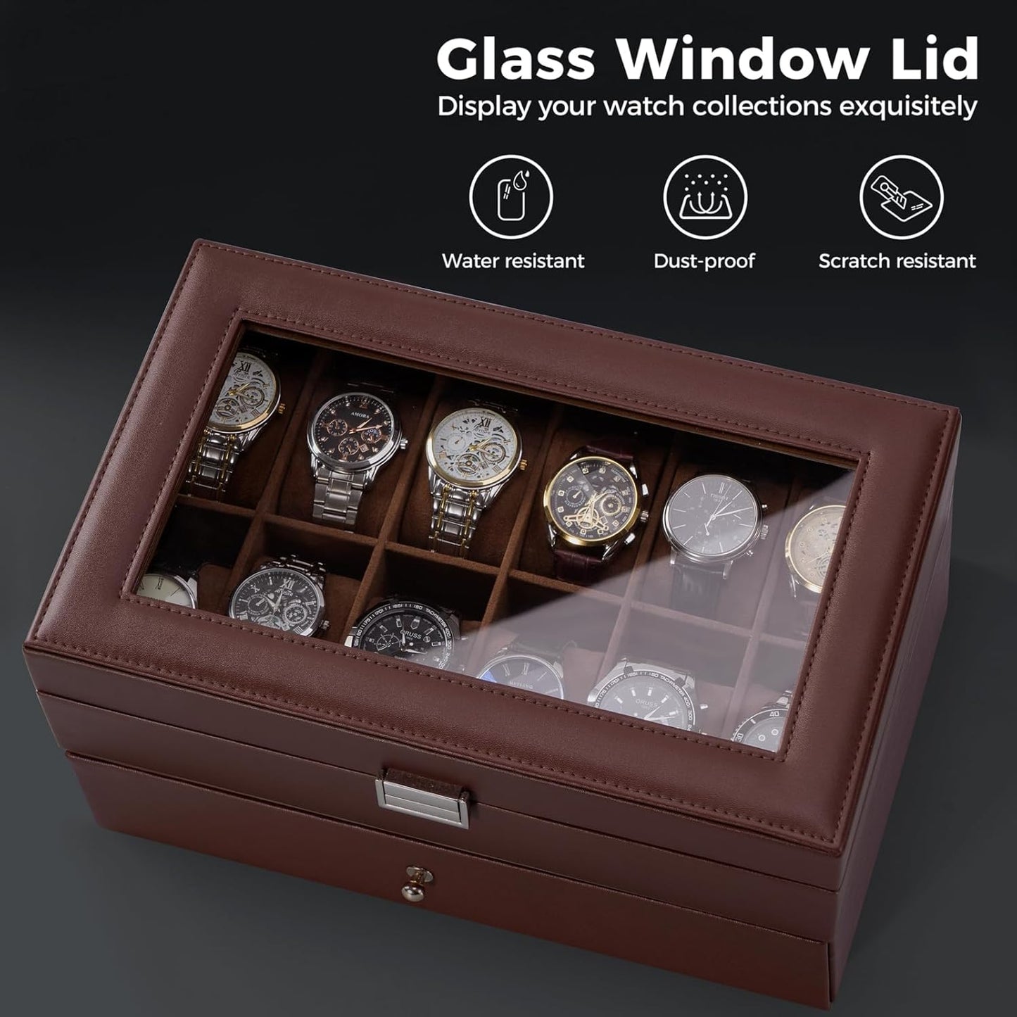 12 Slot Men Watch Case With Drawer, Watch Display Case With Glass Lid, 2-Layer Watch Holder Organizer