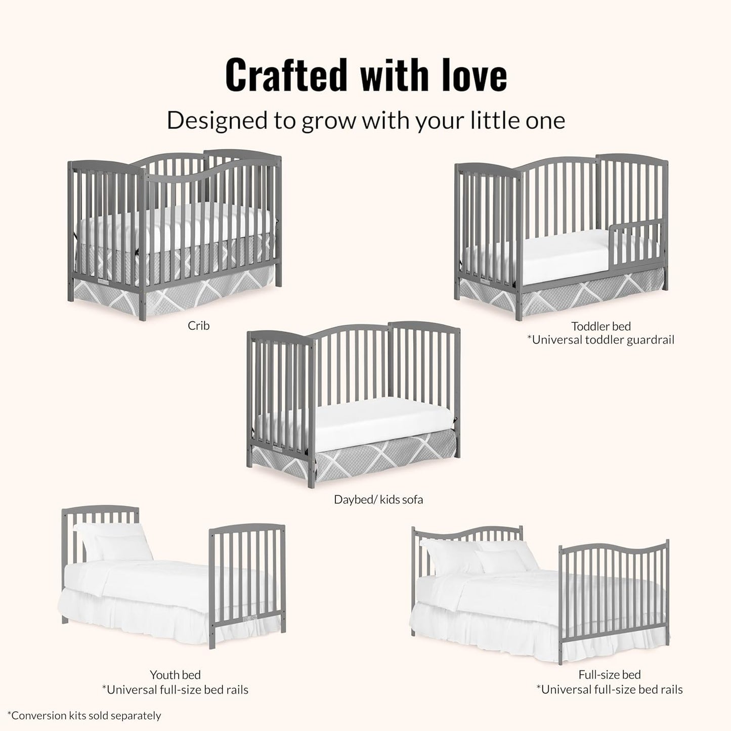 5-in-1 Convertible Full-Size Baby Crib in, Pinewood, 4 Mattress Heights, Converts to Toddler, Day & Full-Size Bed