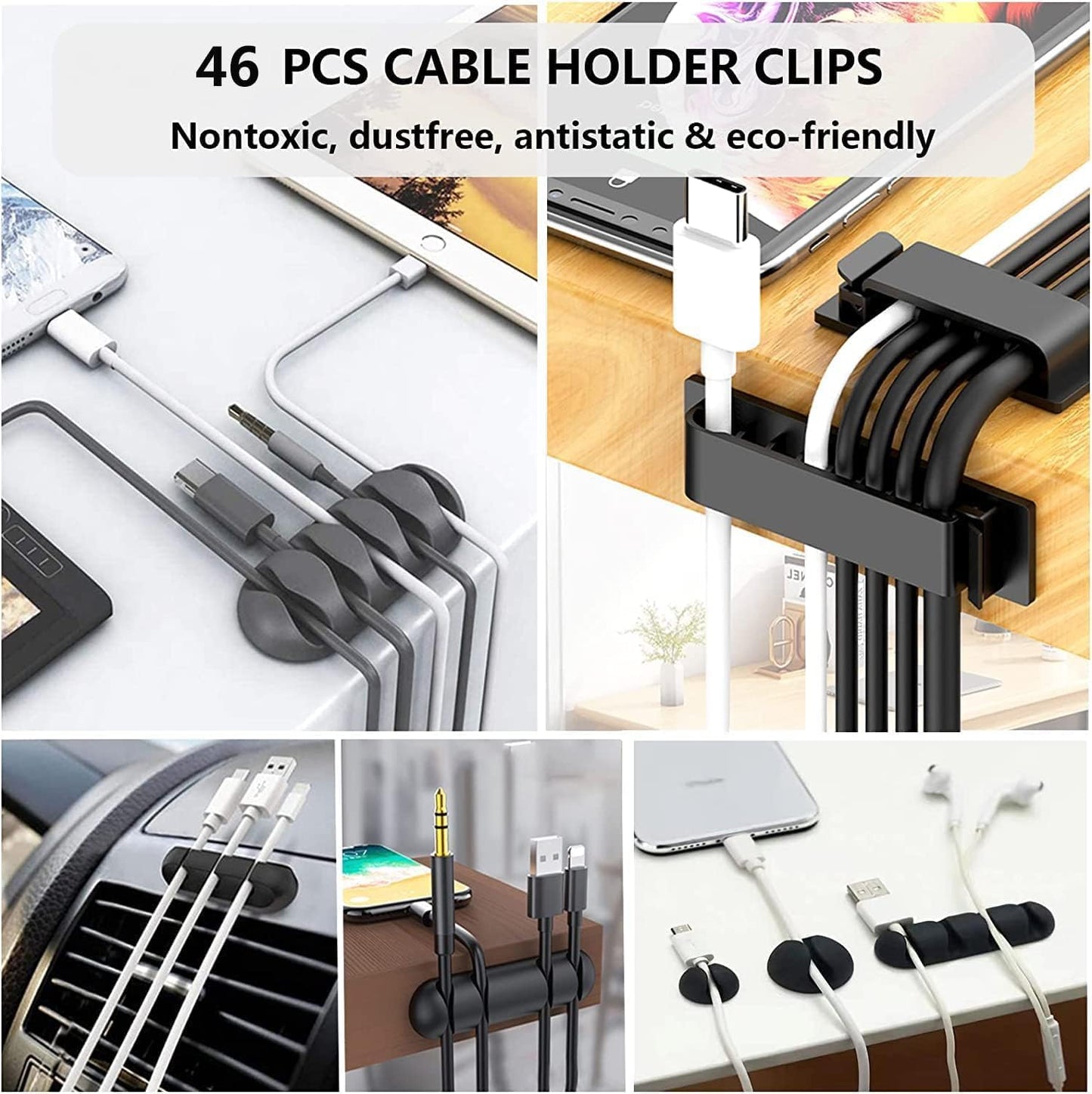 OMOMMD  Cord Management Organizer Kit 4 Cable Sleeve split with 41Self Adhesive Cable Clips Holder, 10pcs and 2 Roll Self Adhesive tie and 100 Fastening Cable Ties for TV Office Car Desk Home
