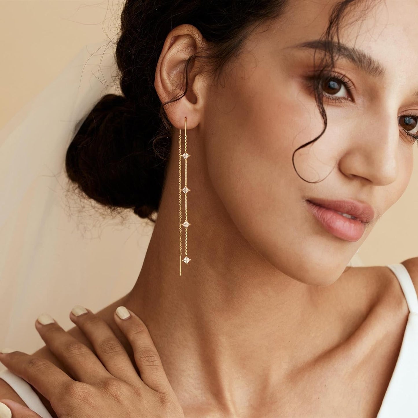 Dangle Threader Earrings for Women: Dainty 14k Gold Plated Drop Long Chain Earrings Trendy  Non Tarnish Elegant Cubic
