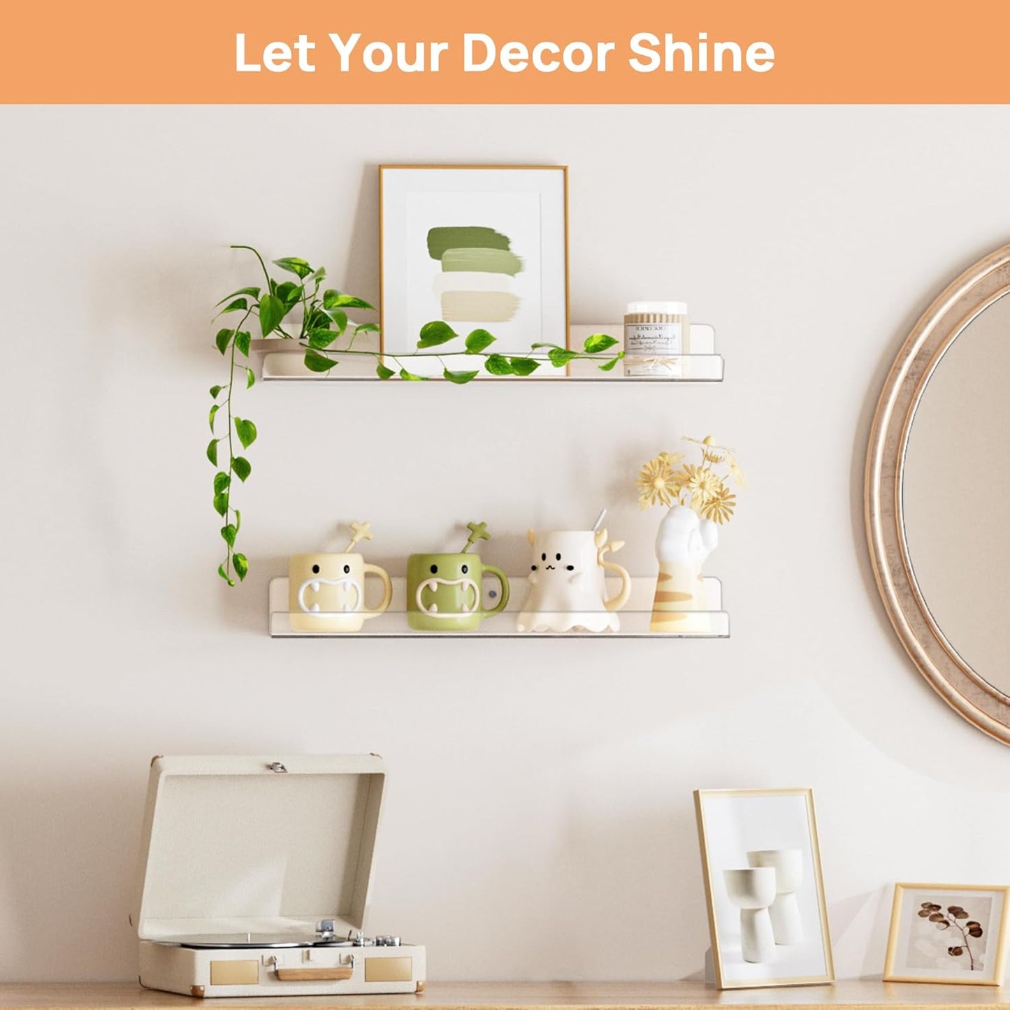 Acrylic Shelves for Bathroom Storage, 15" Floating Shelves Wall Organizer, 2 Pack