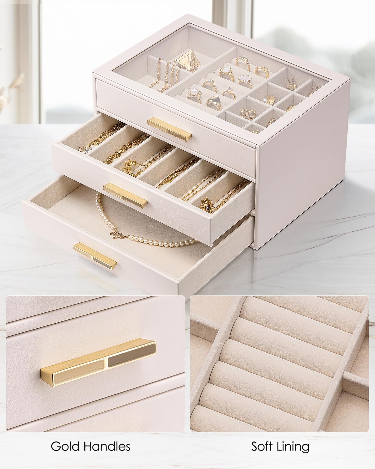 Jewelry Box for Women, Glass Lid Jewelry Organizer with 3 Drawers for Necklaces Rings Earrings Bracelets-Light Pink