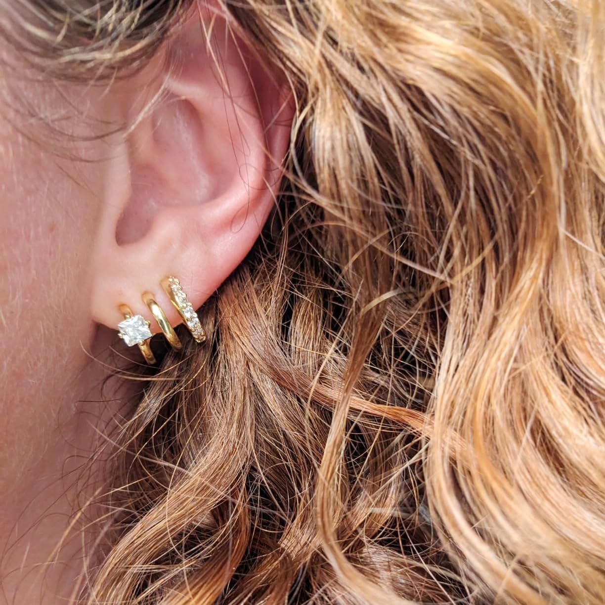 14K Gold Plated Triple Huggie Illusion Stud Earrings | Double Huggie Hoop Earrings for One Hole | Gold Hoop Earrings for Women