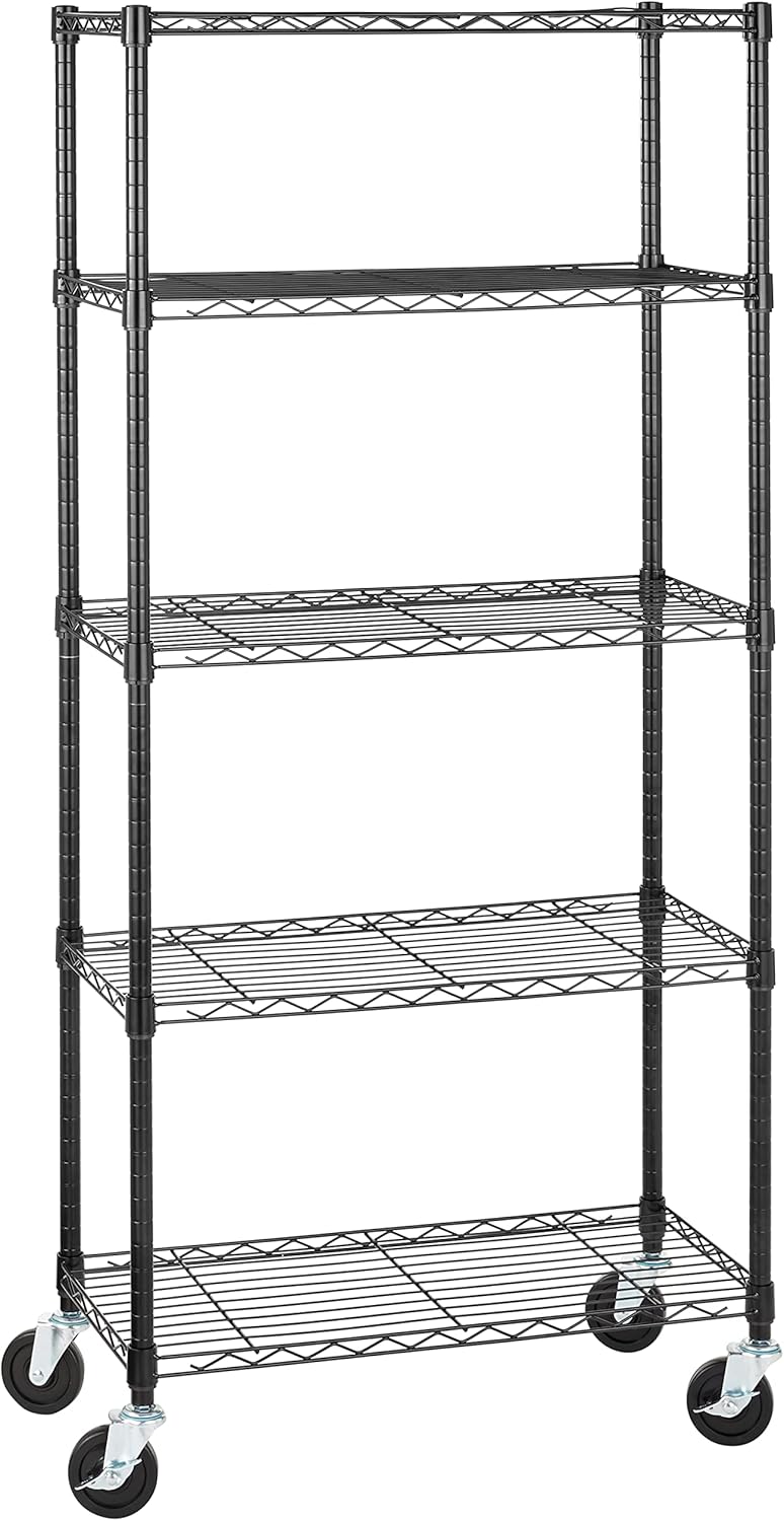 5-Shelf Adjustable, Heavy Duty Storage Shelving Unit on 4'' Wheel Casters, Metal Organizer Wire Rack