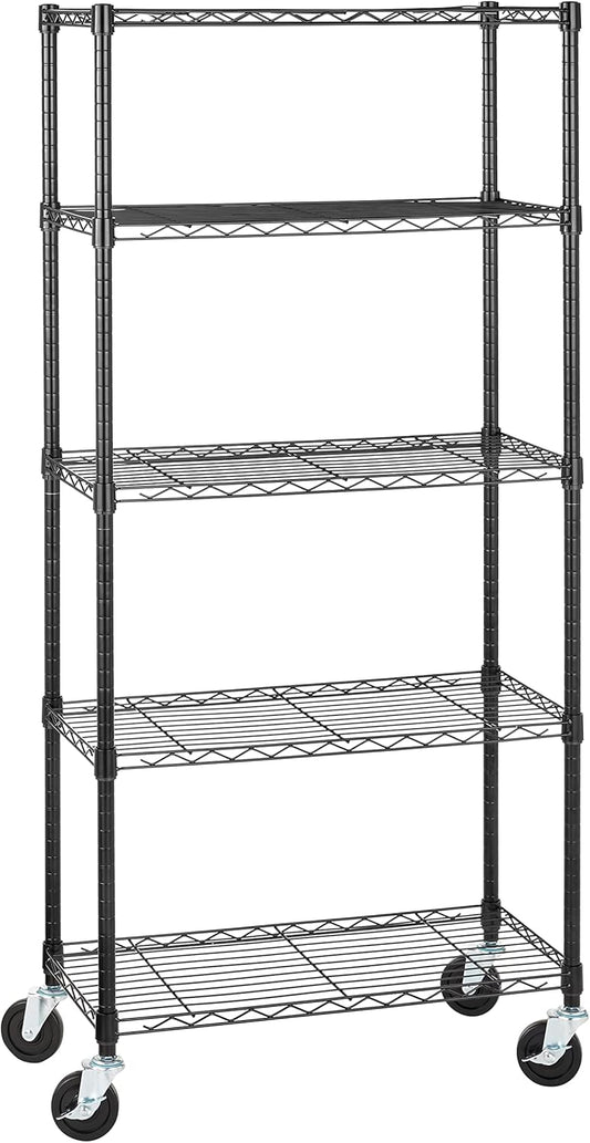 5-Shelf Adjustable, Heavy Duty Storage Shelving Unit on 4'' Wheel Casters, Metal Organizer Wire Rack