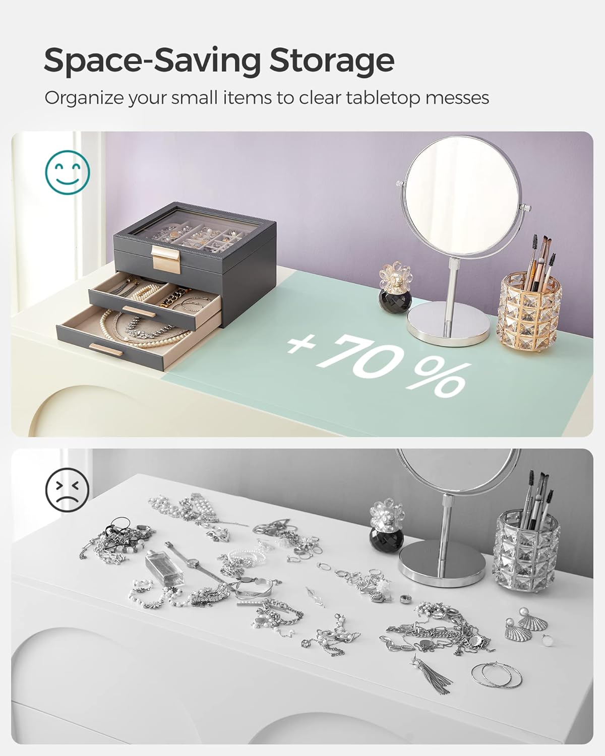 Jewelry Box Organizer with Glass Lid, 3-Layer Jewelry Storage, with 2 Drawers, Modern Style,Interstellar Gray and Gold Color