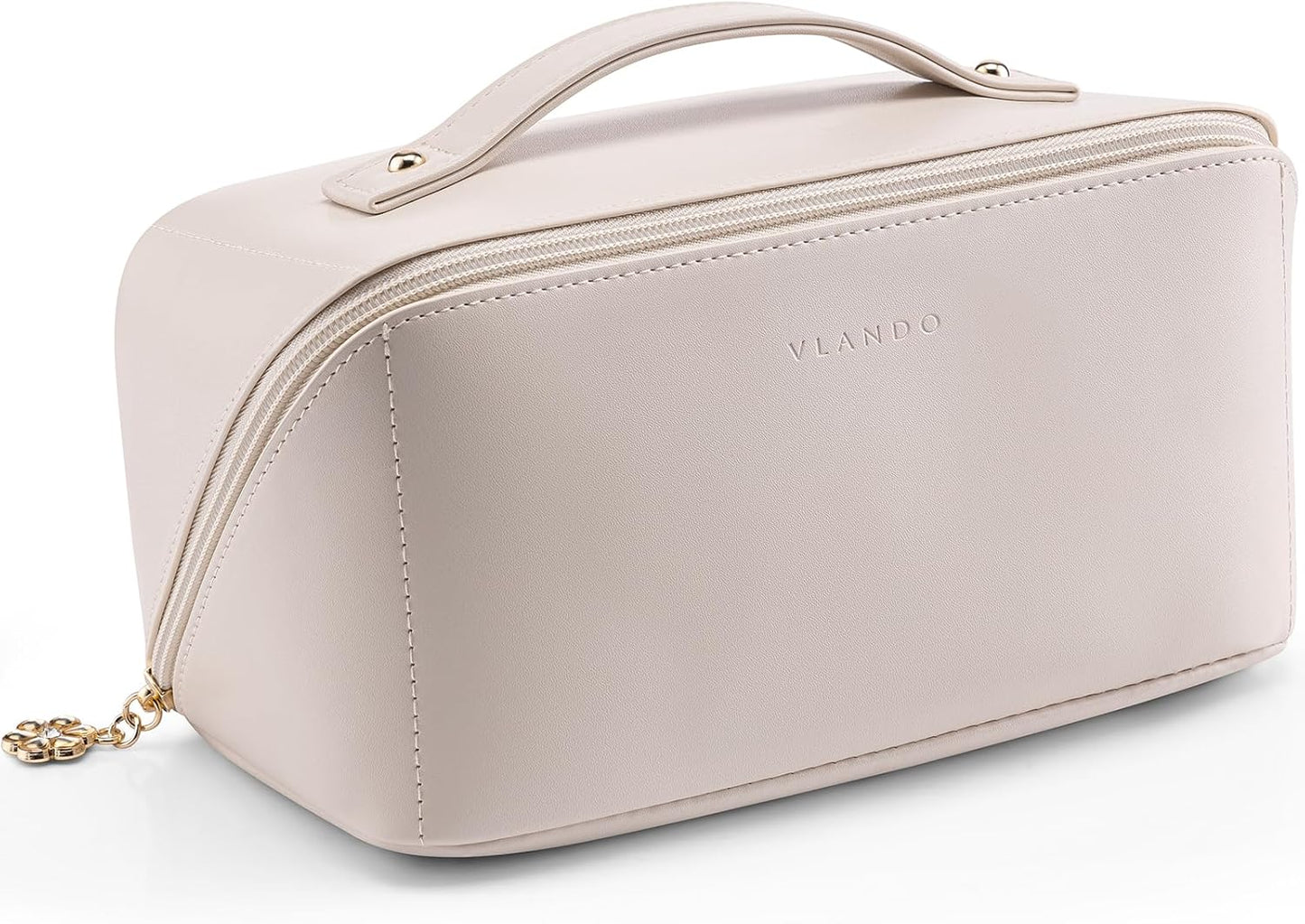 Makeup Bag,Large Capacity Travel Toiletry Bag,Cosmetic Bags for Women PU Leather Waterproof Portable Pouch with Divider & Handle-Toffee