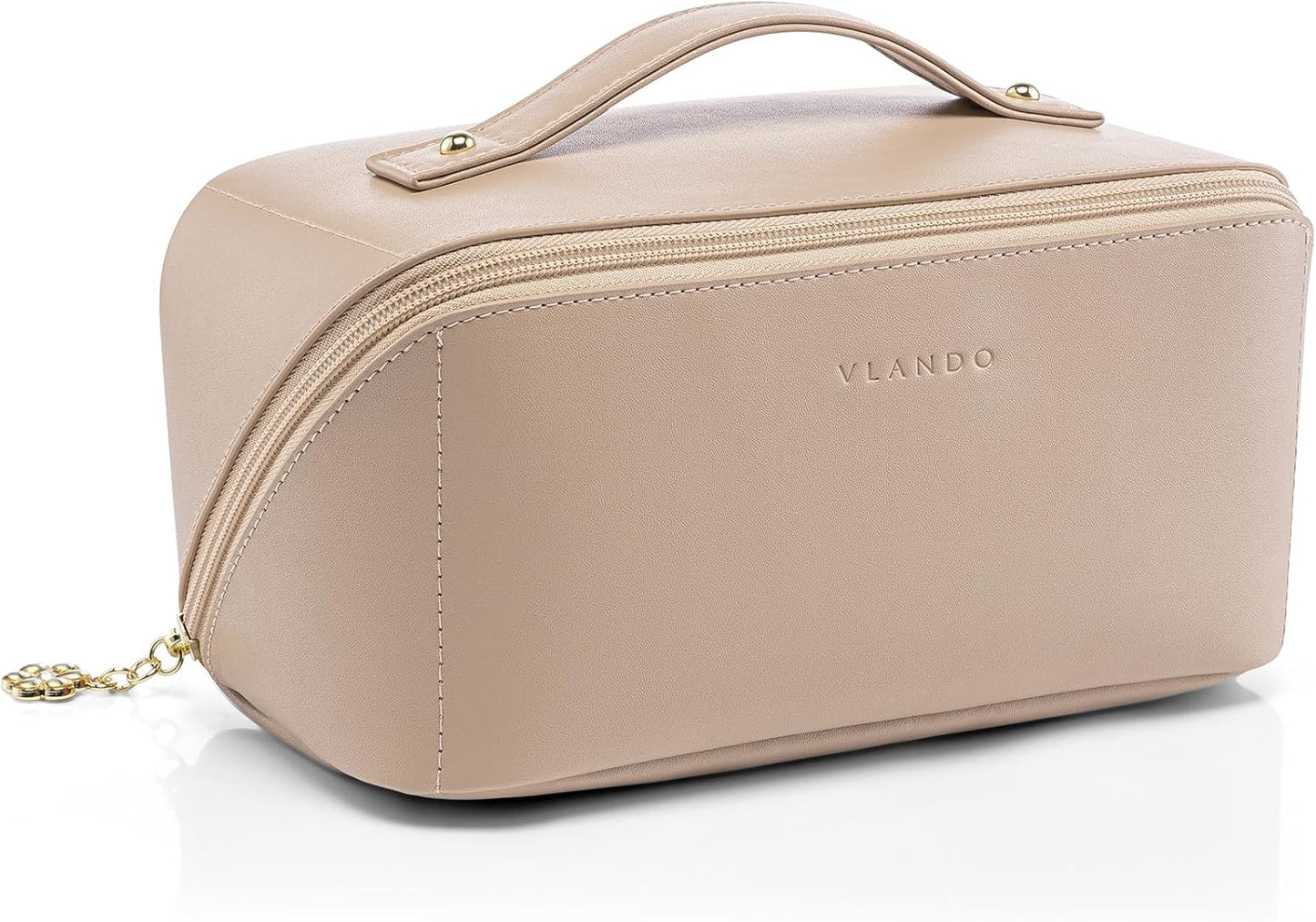 Makeup Bag,Large Capacity Travel Toiletry Bag,Cosmetic Bags for Women PU Leather Waterproof Portable Pouch with Divider & Handle-Toffee