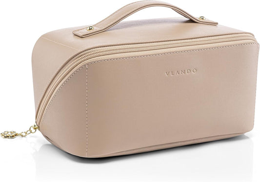 Makeup Bag,Large Capacity Travel Toiletry Bag,Cosmetic Bags for Women PU Leather Waterproof Portable Pouch with Divider & Handle-Toffee