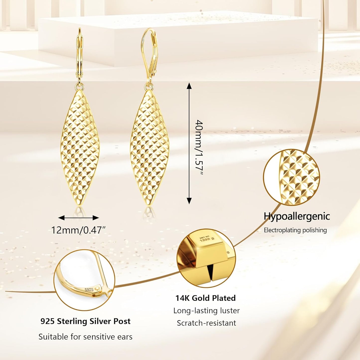14K Gold Long Dangle Earrings for Women,Sterling Silver Drop Leverback Earrings Trendy Hypoallergenic Gold Hammered