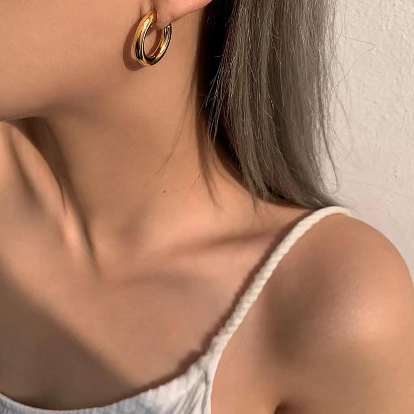 Chunky Gold Hoop Earrings for Women, 14k Gold Plated Thick Triple Hoop Earrings Hypoallergenic Trendy Chunky Gold Hoops