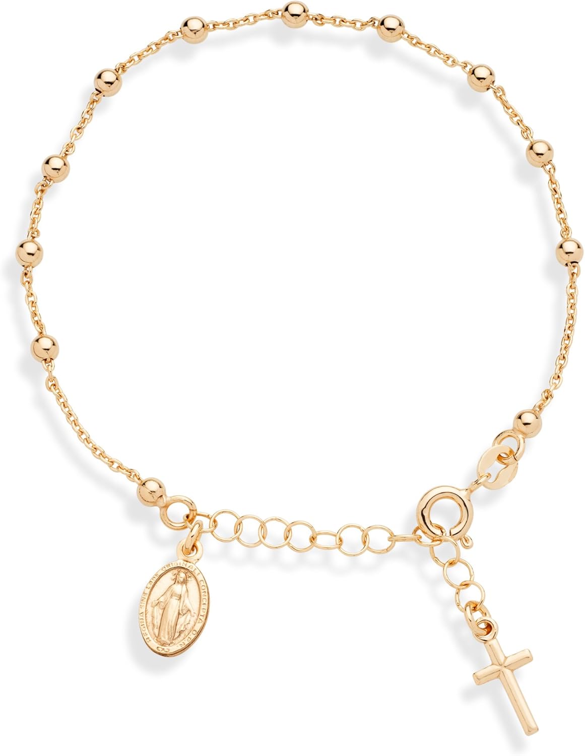 14K Gold Over Sterling Silver Italian Rosary Cross Bead Charm Link Chain Bracelet for Women, Adjustable, 925 Made in Italy