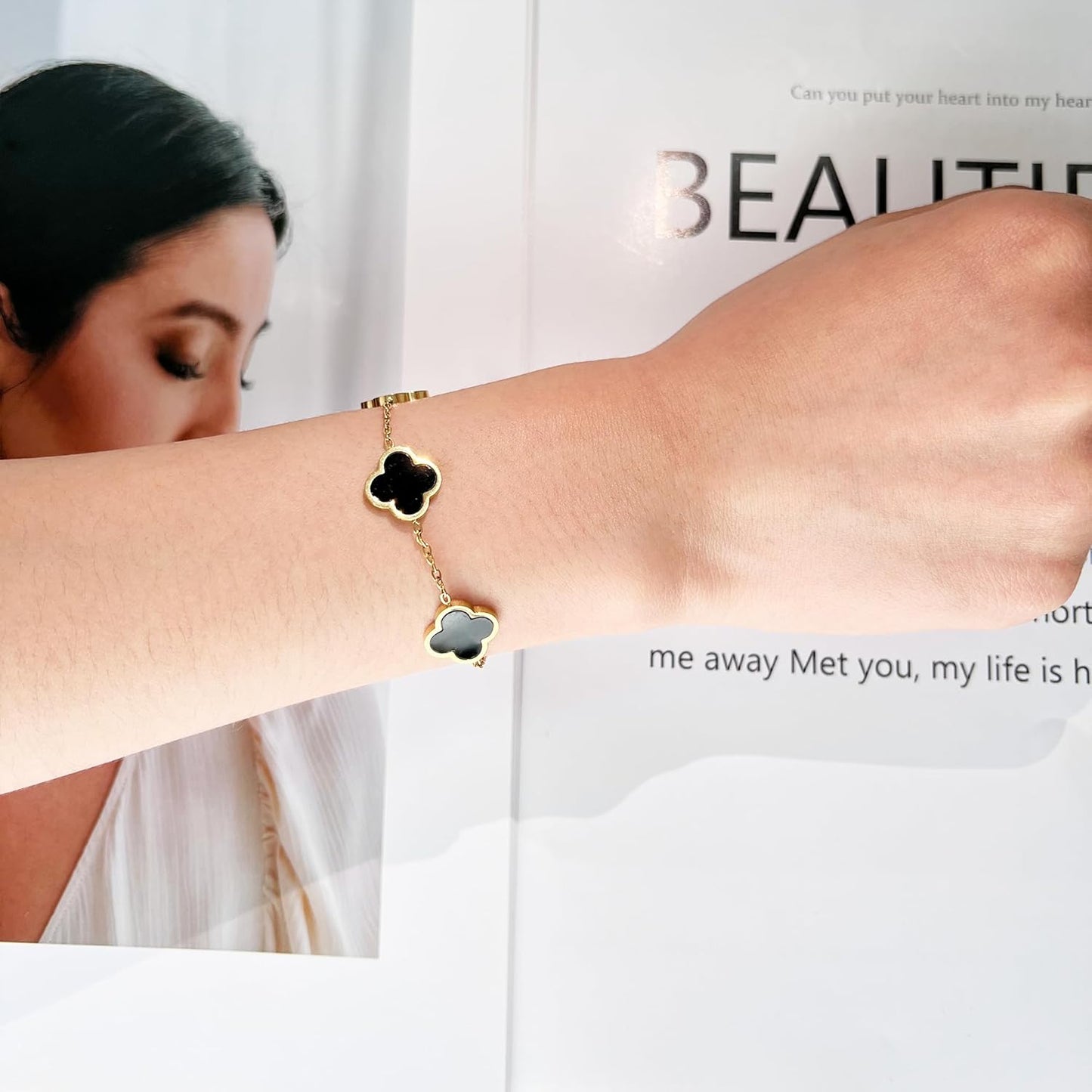 18K Gold Plated Clover Lucky Bracelet for Women White/Black/Red/Green Flower Four Leaf Link Bracelets