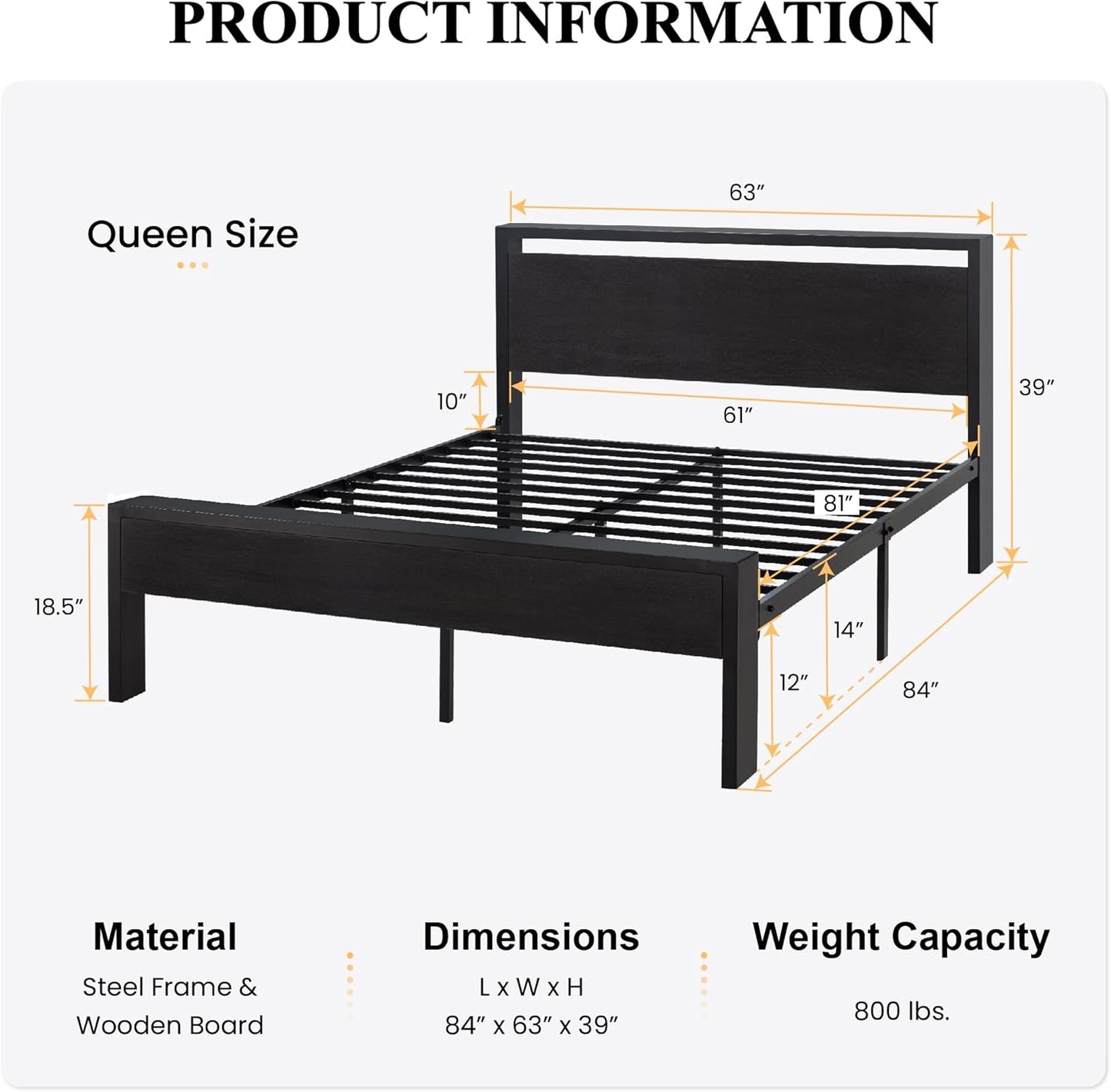 Queen Size Metal Platform Bed Frame with Wooden Headboard and Footboard, Mattress Foundation, No Box Spring Needed