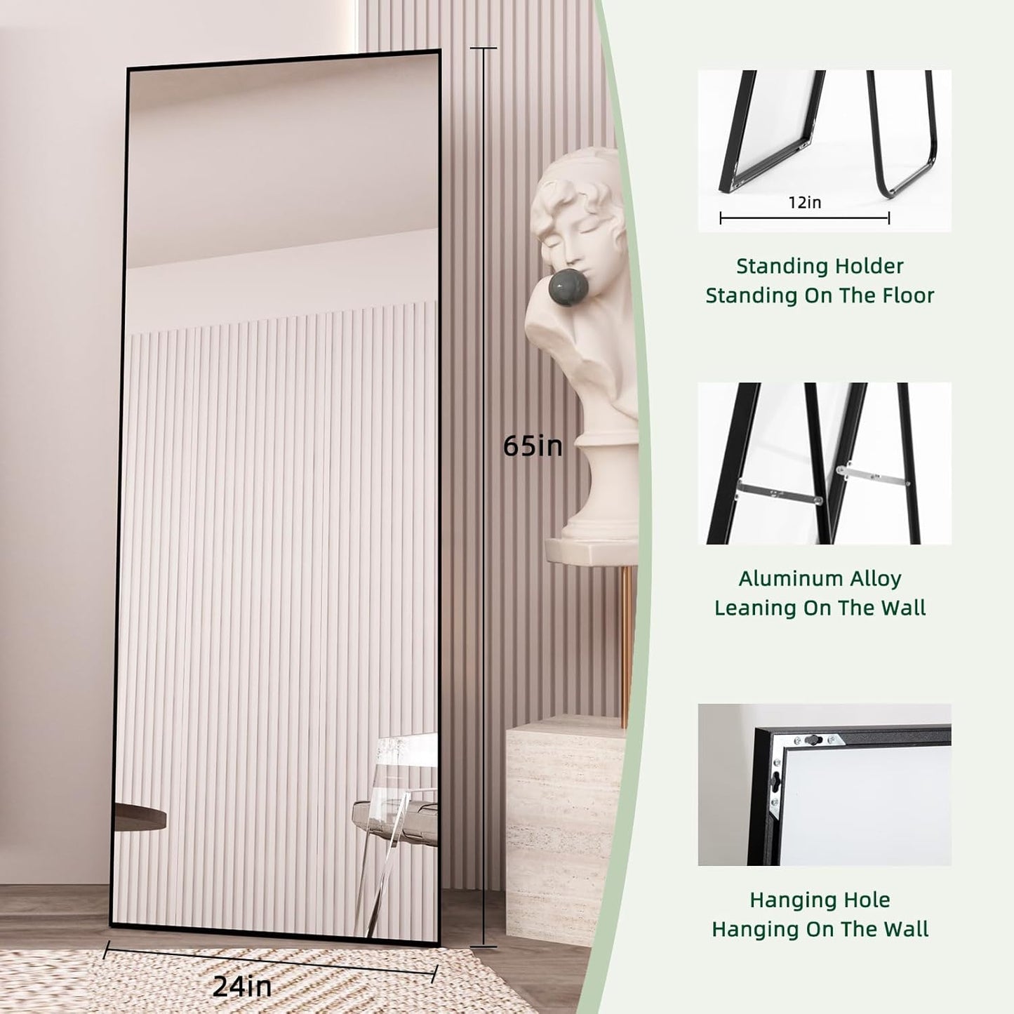 65" x 24" Full Length Mirror with Stand, Black Wall Mounting Full Body Mirror, Metal Frame Full