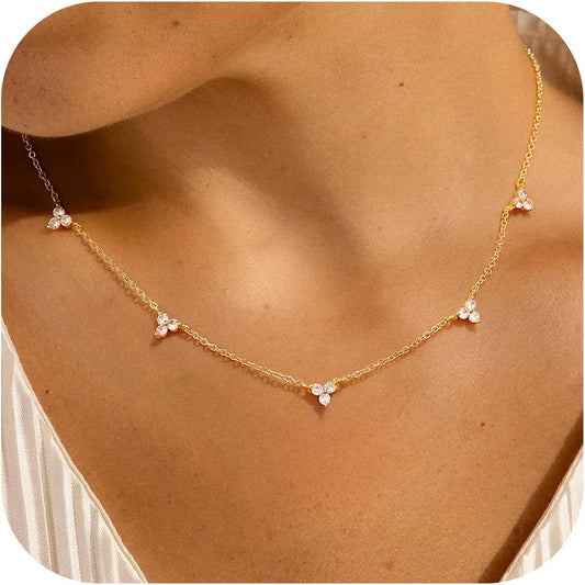 4K Gold Plated Charm Choker Necklace with Pearl & Clover, Cubic Zirconia Dainty Trendy Jewelry Gift for Women