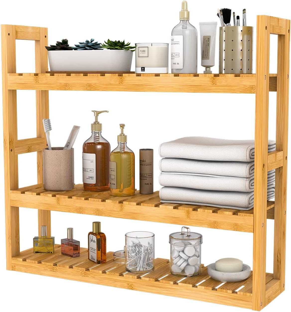 Bathroom Shelves Over Toilet Storage - 3 Tier Wall Mounted Bamboo Bathroom Shelf Organizer