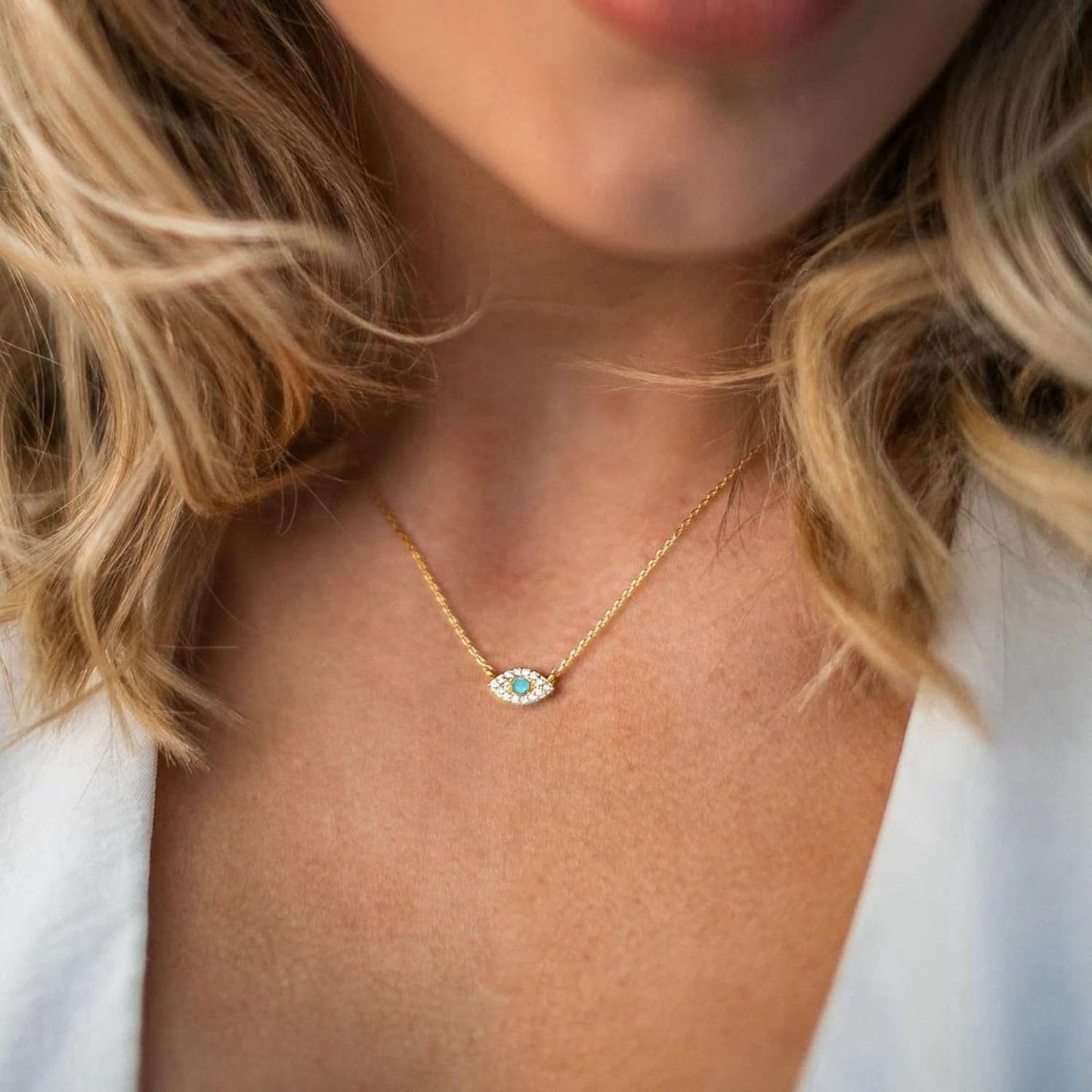 Evil Eye Necklace: 14K Gold Plated Blue CZ Diamond Boho Pendant for Women, Protection Gift