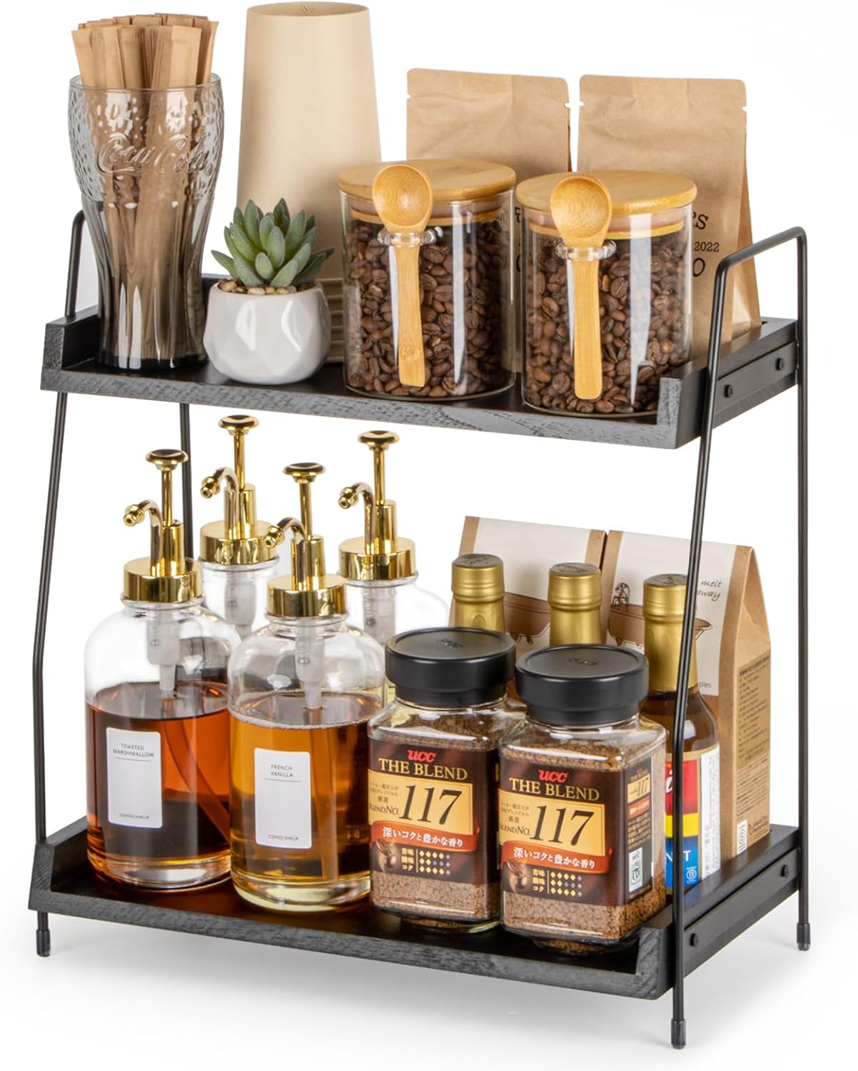 Countertop Coffee Station Organizer, 2 Tier Wooden Shelf for Coffee Bar Accessories, Condiment Storage Caddy