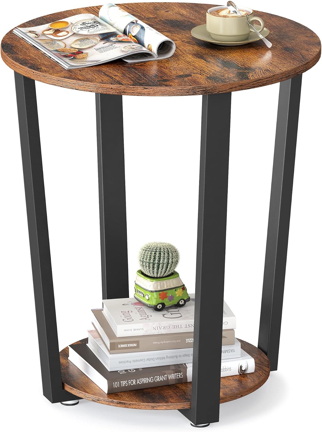 Round Side End Table, 2-Tier Accent Bedside Table with Storage Shelf, Easy Assembly
