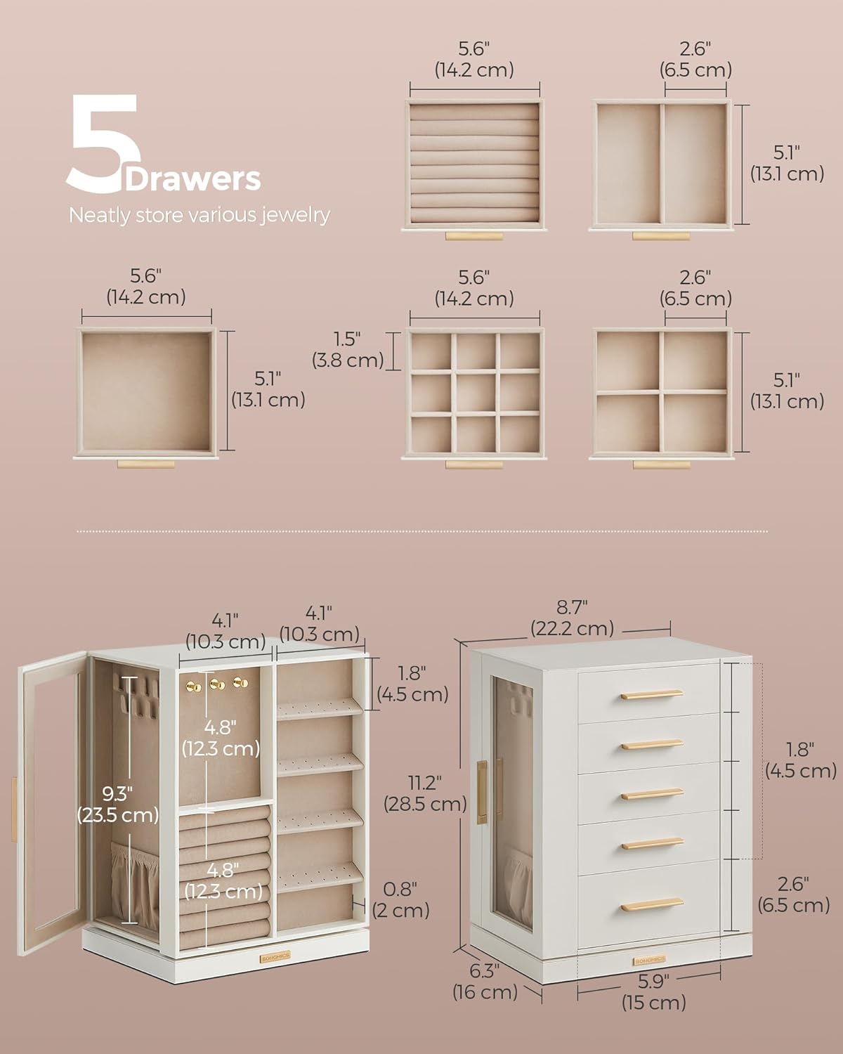 360° Rotating, Jewelry Storage Case with 5 Drawers, Jewelry Organizer, Glass Window