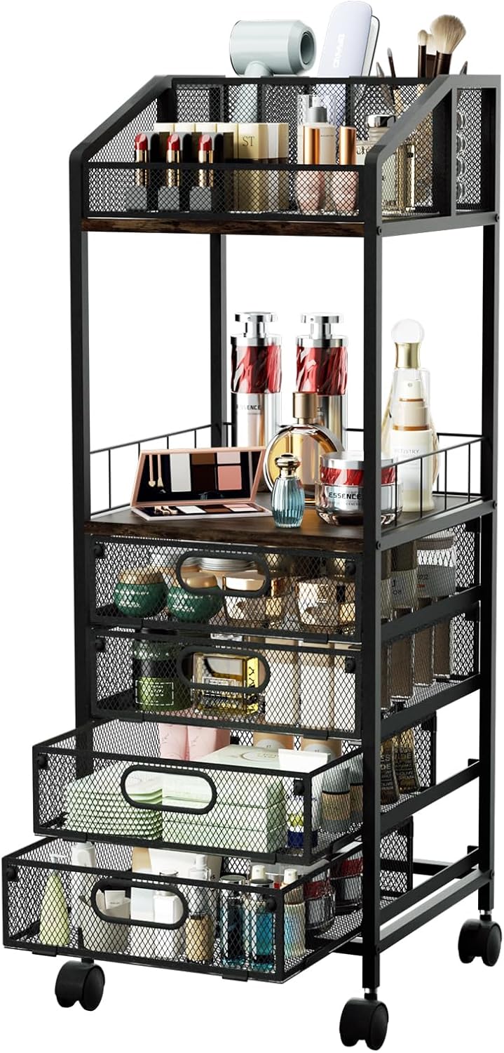 Makeup Organizer Storage Cart - Floor Skincare Make Up Storage with 4 Drawers, Rolling Makeup