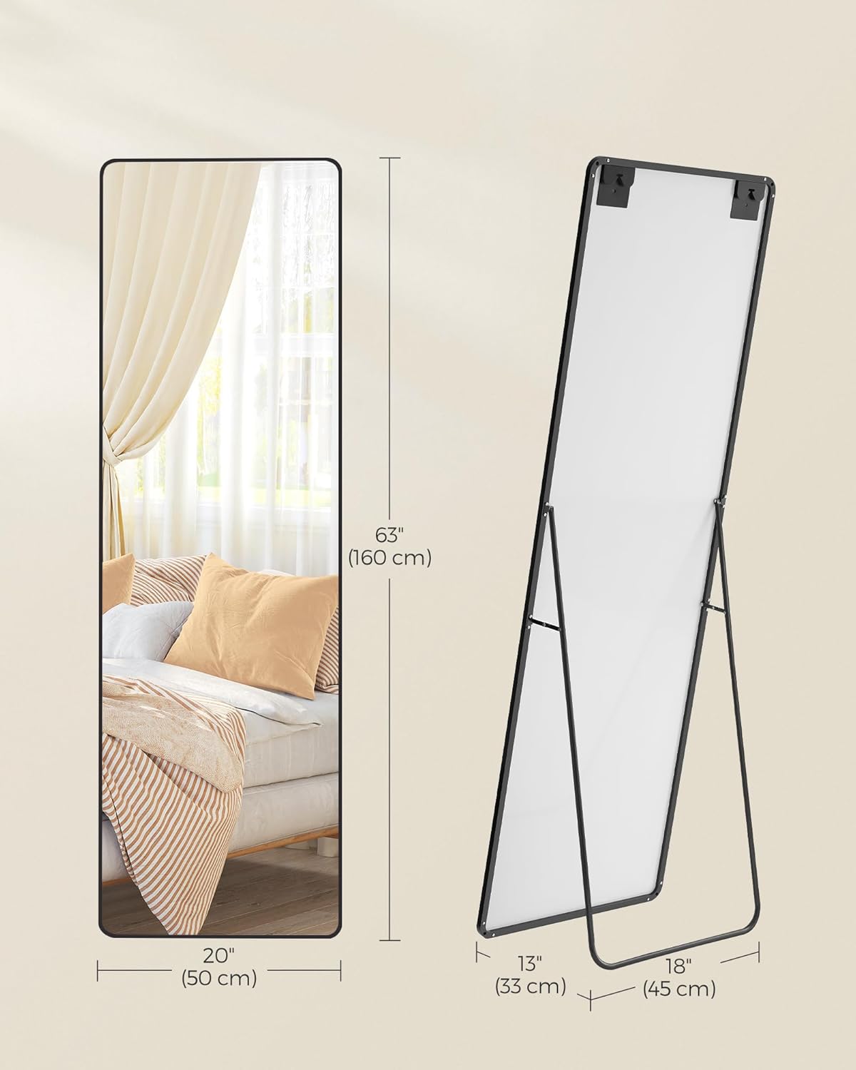 63 x 20 Inches, Rectangle Full Body Mirror with Stand, Aluminum Alloy Frame Floor Mirror, Tempered Glass