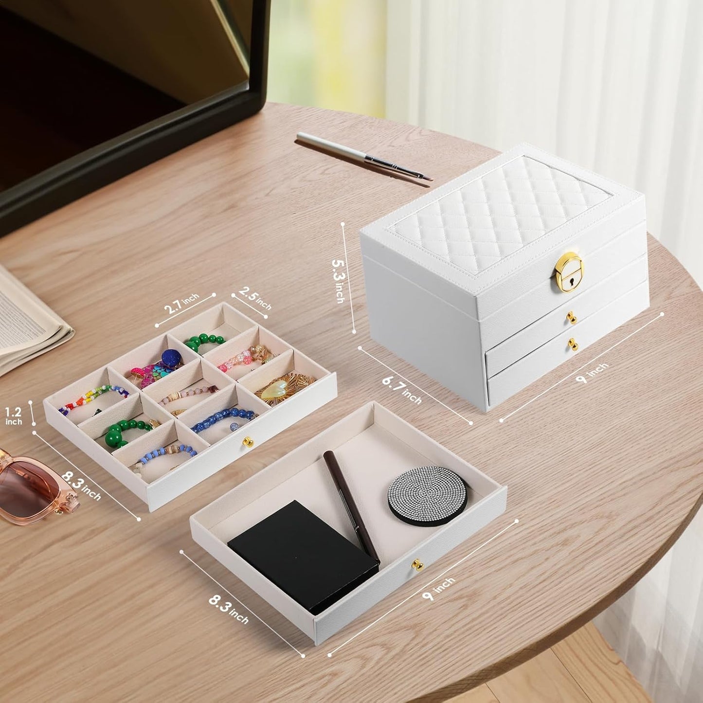 3 Layer Jewelry Box, Lockable Jewelry Holder Organizer with Jewelry Drawer