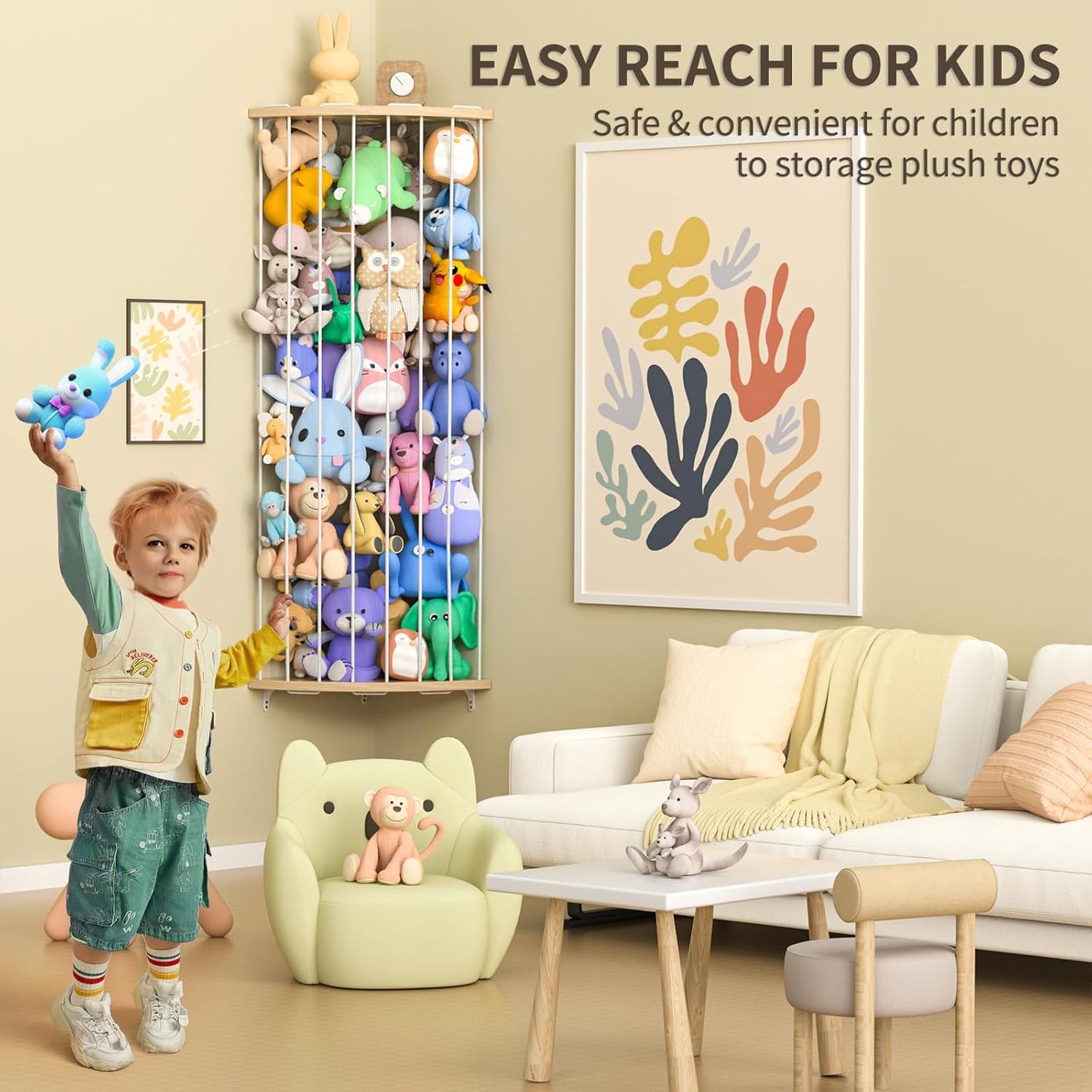 Stuffed Animal Storage Wood Corner Plush Toys Holder with Star Pattern, Length Adjustable Hanging Stuffed