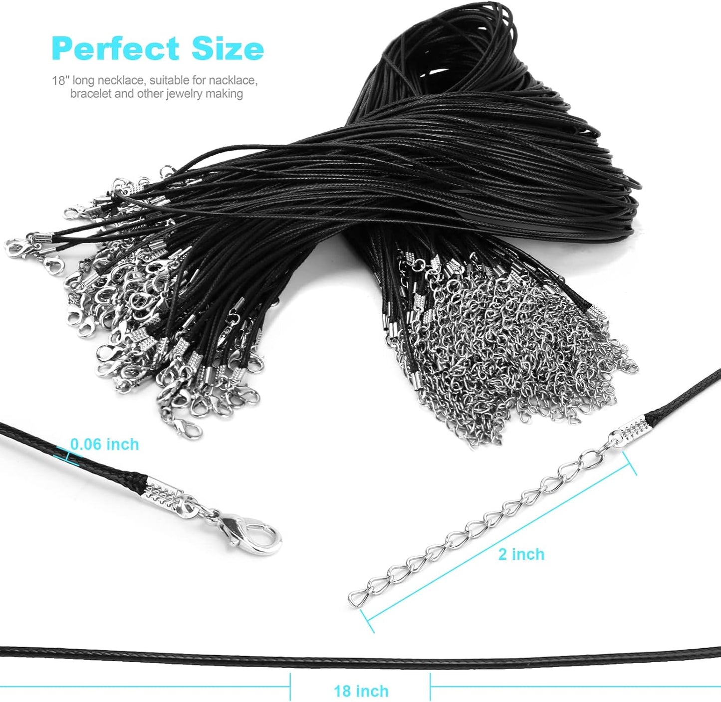 "100Pcs Premium Leather Necklace Chains, 1.5mm Waxed Rope Cord with Clasps for Jewelry Making, Bulk Pendant String Black 18", DIY Craft Supplies,