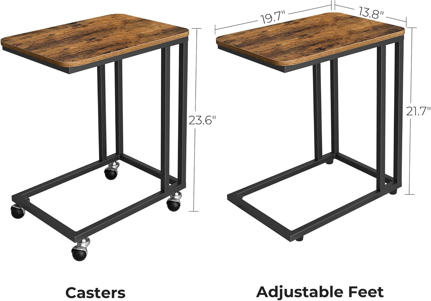 C Shaped TV Tray with Metal Frame Rolling Casters, Industrial Side Table for Living Room Bedroom