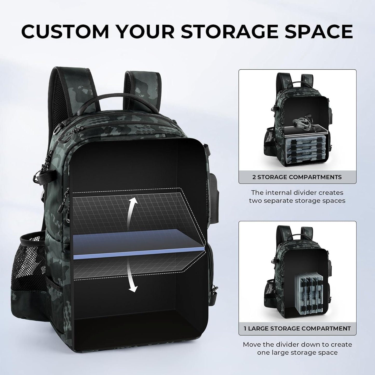 50L Fishing Tackle Backpack with Removable Bait Binder,2 Rod Holders Storage Fishing Gear and Equipment