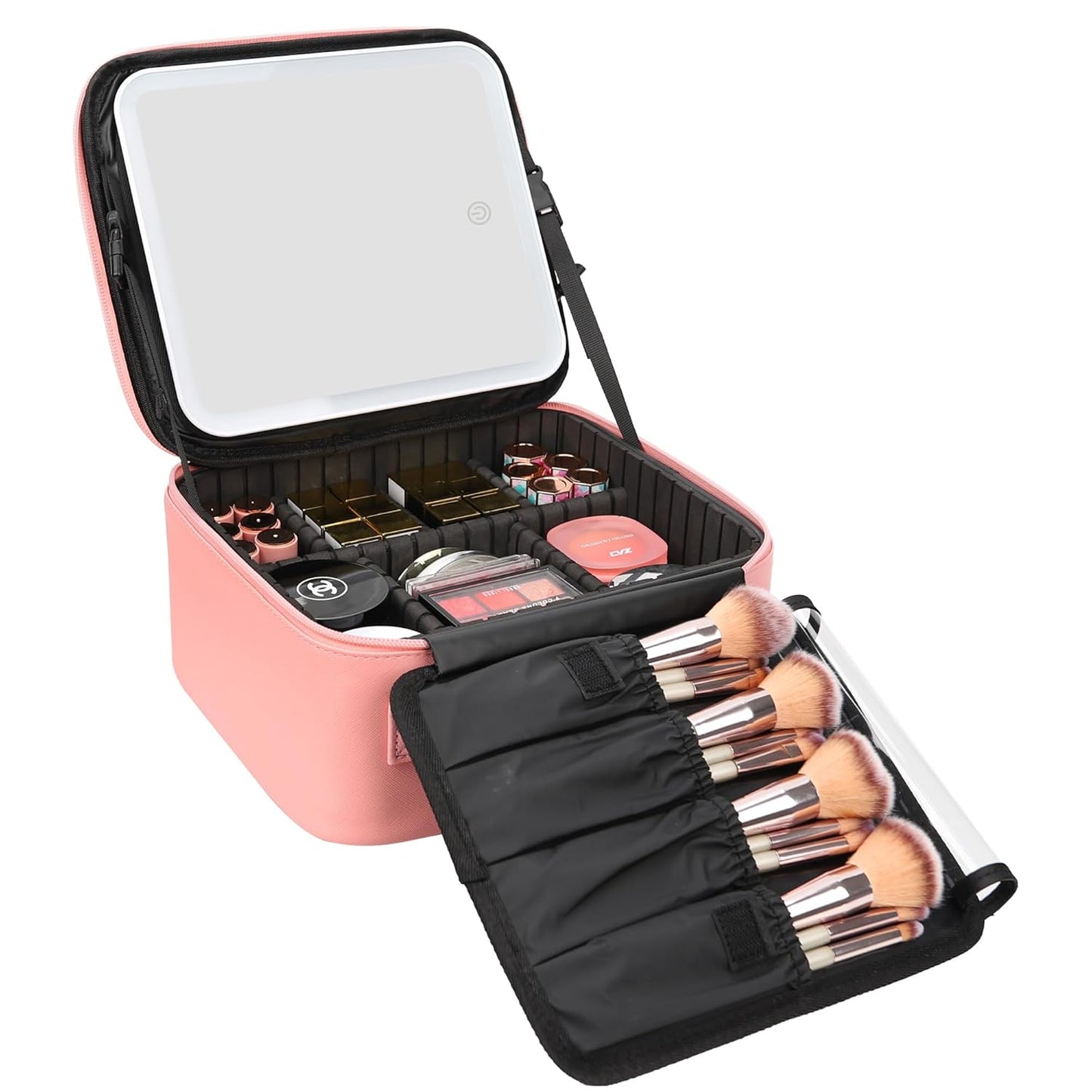 Travel Makeup Bag With LED Mirror, Portable Makeup Artist Organizer Bag with Adjustable Dividers