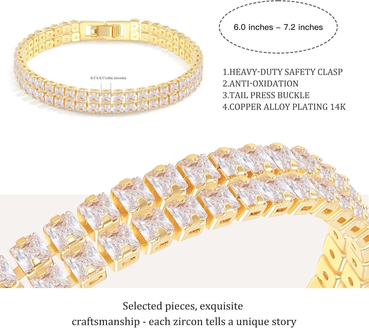 14K Gold Plated Tennis Bracelet for Women – Classic CZ Link Design, Fits 6.0"–7.2" Wrists – Stylish Sparkling Jewelry Gift
