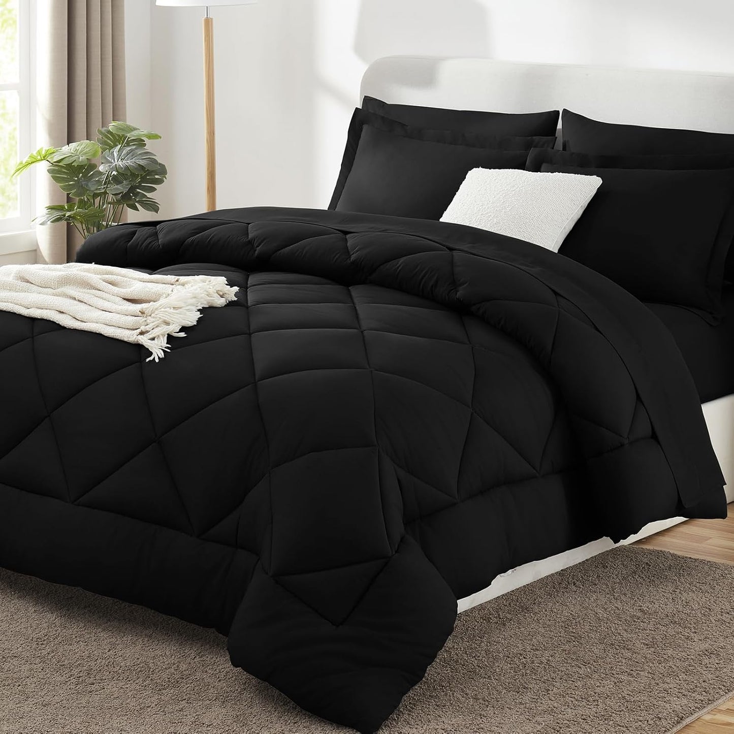 Queen Comforter Set Dark Grey - Bed in a Bag Queen Size 7 count, Luxury Soft Bed Set , Bedding Set with