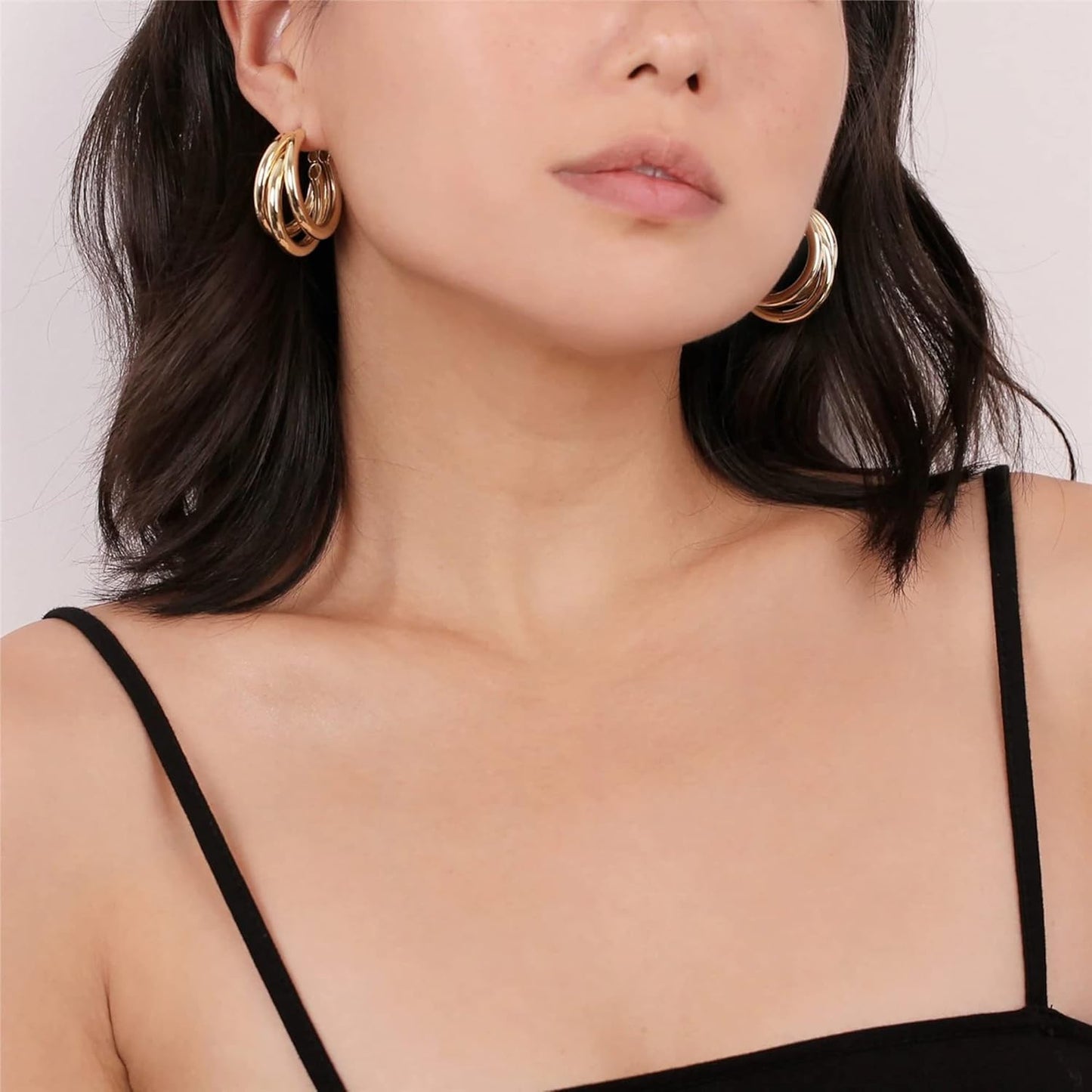 Chunky Gold Hoop Earrings for Women, 14k Gold Plated Thick Triple Hoop Earrings Hypoallergenic Trendy Chunky Gold Hoops