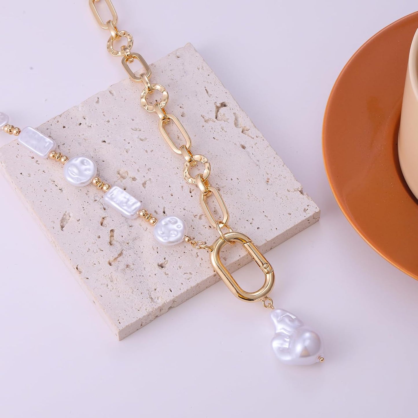 Statement Mixed Chain & Chunky Organic Pearl Choker Necklace for Women - Trendy Layered Jewelry