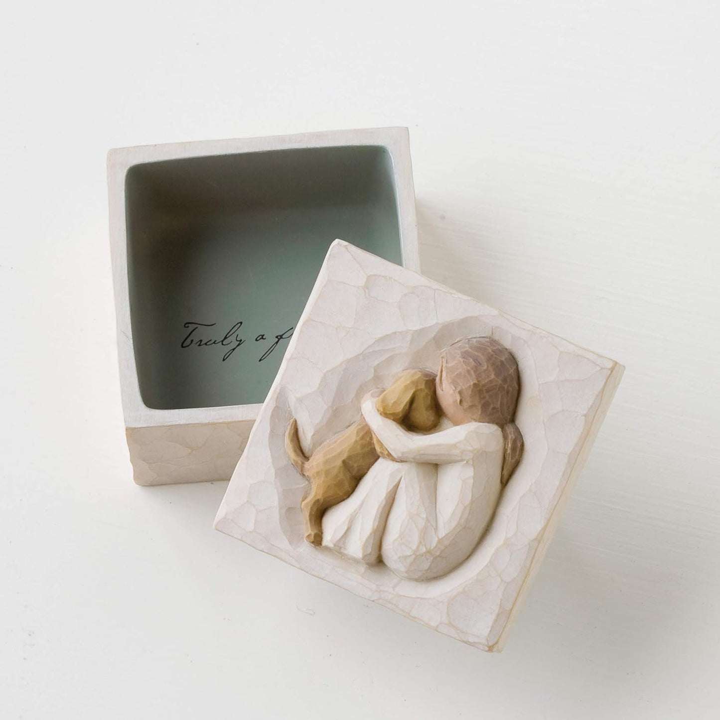 Box for Jewelry and Treasures with Bas-Relief Carving of Girl with Puppy Dog, Sculpted Hand-Painted Keepsake Box