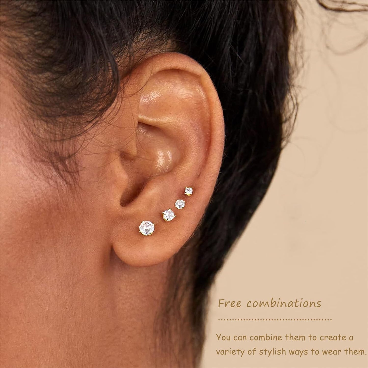 5 Pairs 14K Gold Plated Stud Earrings for Women, Hypoallergenic Earring Sets for Multiple Piercing, Premium Cubic Zirconia Studs