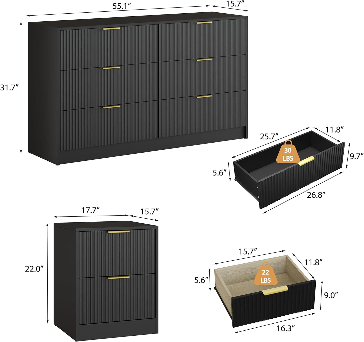3-Piece Modern Bedroom Furniture SetWide 6-Drawer Dresser & 2-Drawer Nightstands Setof 2, Natural Wood Dresser and Nightstand Sets forBedroom, Hallway, Black