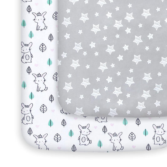 2 Pack Mini Crib Sheets, Stretchy Playard Fitted Sheet, Soft and Breathable Material, Stars & Bunny