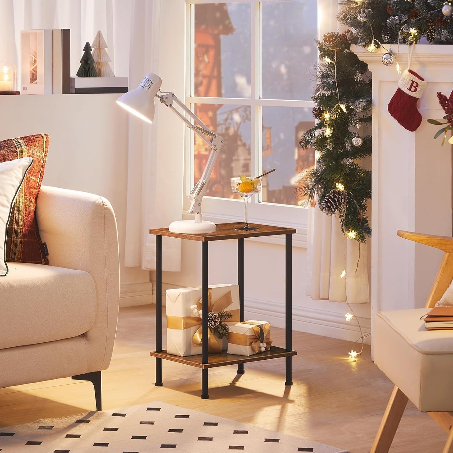 End Table, Small Side Table, Nightstand with 2-Layer Storage Shelves, Stable Frame, Easy Assembly