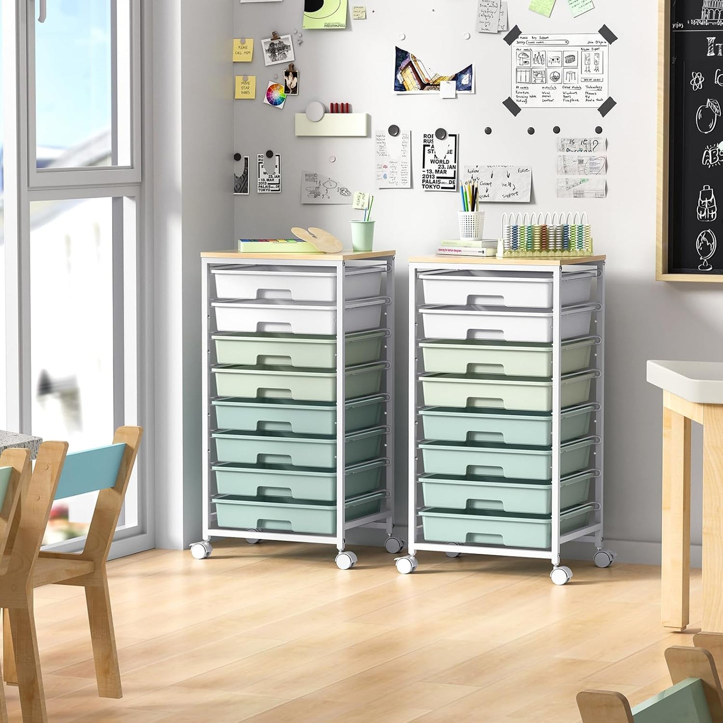 OMOMMD Rolling Storage Utility Cart Organizers with 8 Drawers and Wooden Tabletop for Living Room,Office,Classroom,Craft Room,Bedroom,Dorm,Green