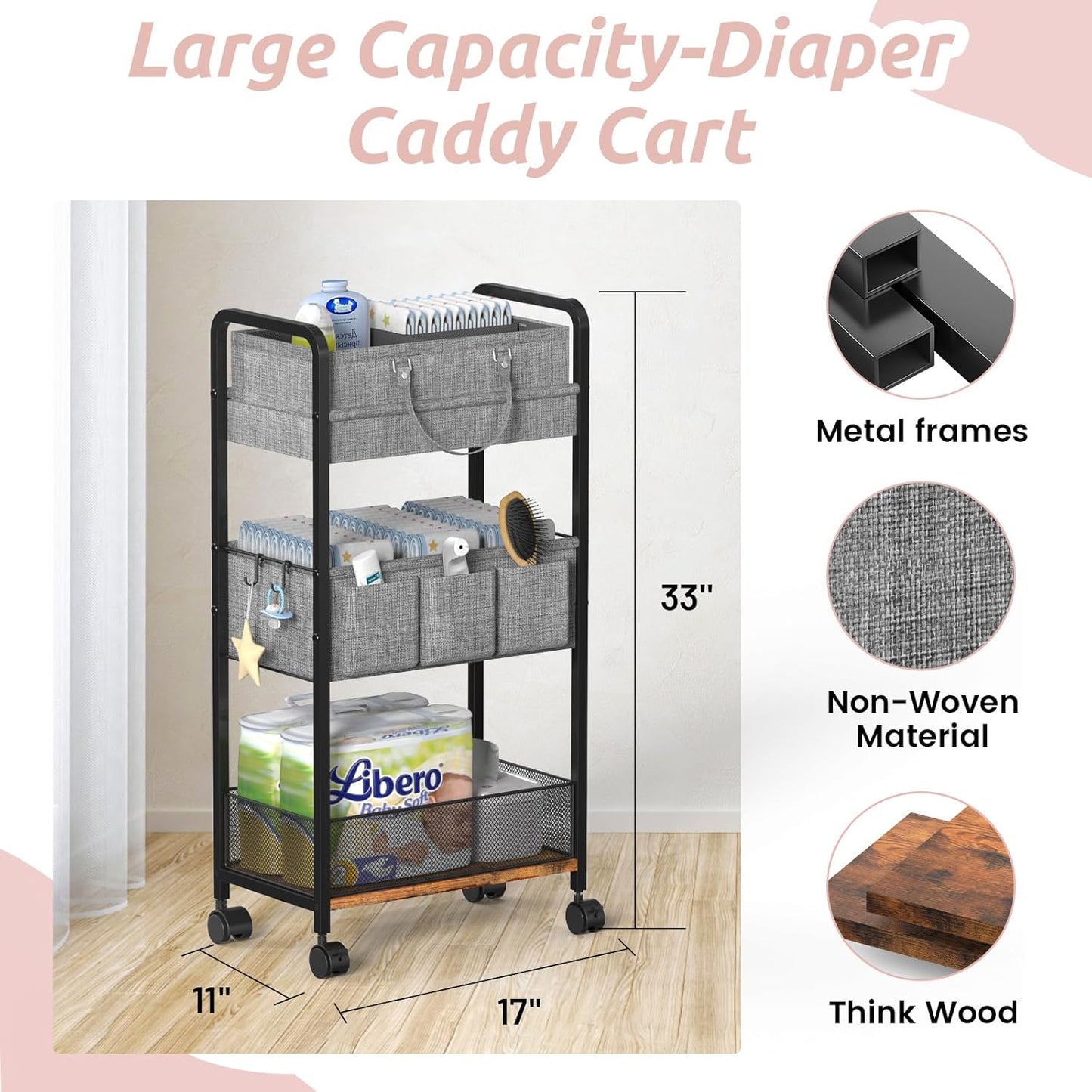 2In1  Diaper Caddy & 3-Tier Rolling Diaper Cart, Diaper Caddy Organizer Cart with Dividers,Utility Cart