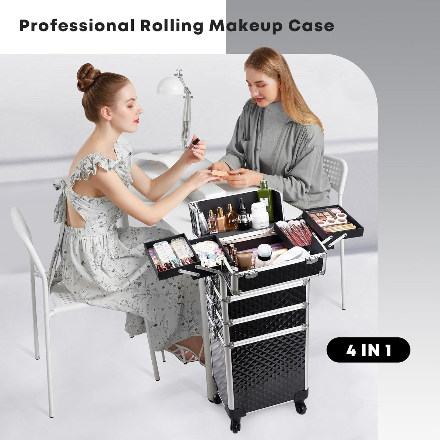 Rolling Makeup Case, 4-in-1 Cosmetology Case on Wheels, Nail Tech Cart for Trave