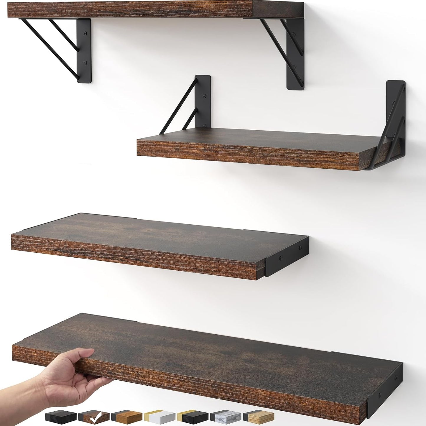 Wall Mounted Floating Shelves, Wood Floating Wall Shelf for Books & Decor（Set of 4）
