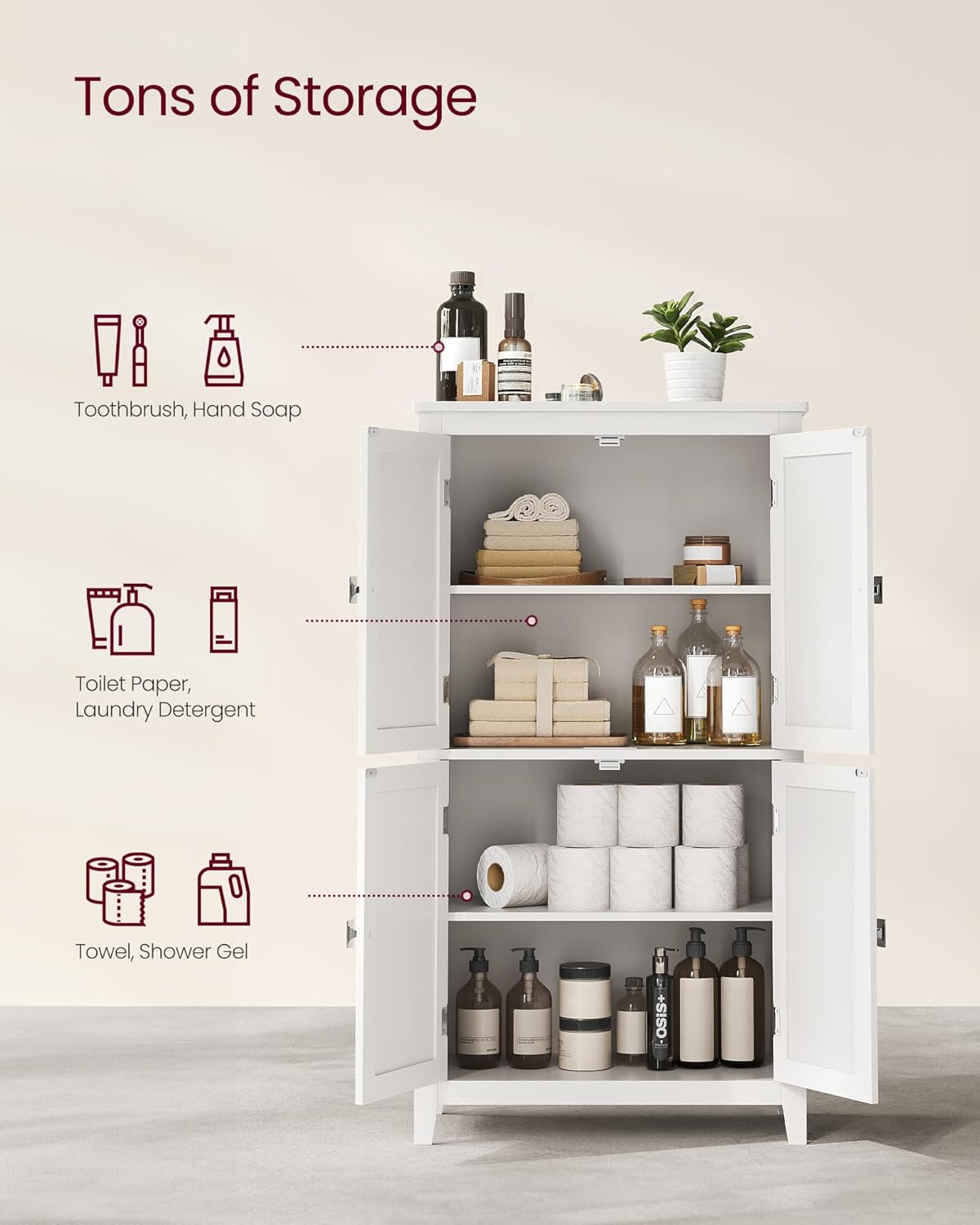 Floor Storage Cabinet, Freestanding Storage Unit with 4 Doors, Adjustable Shelves, for Entryway, Bathroom